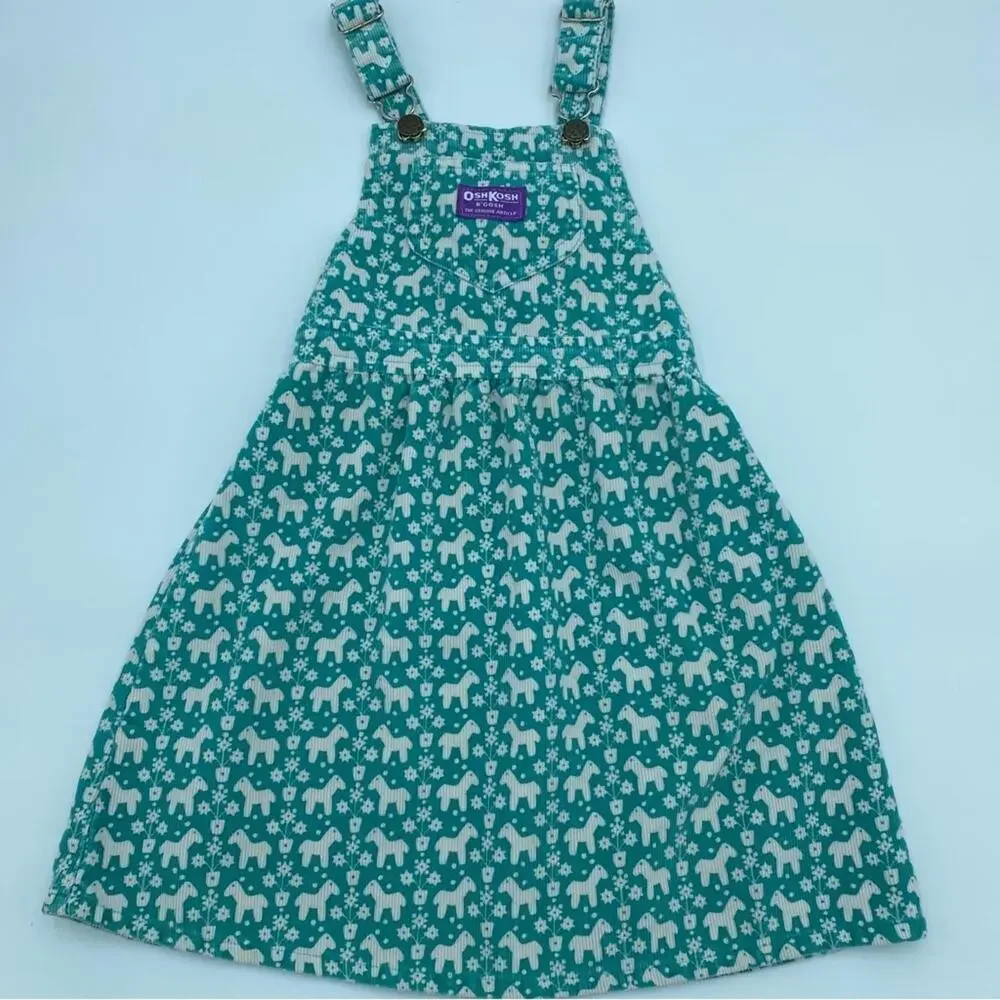 Vintage Oshkosh B'Gosh Corduroy Overall Dress Green Horse Pony‎ White Size 6
